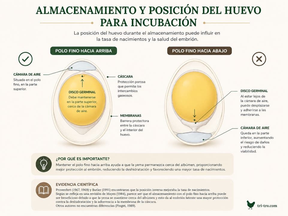 Almacenamiento y posición del huevo para incubación