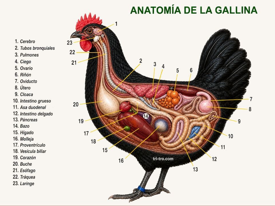 anatomia de la gallina con organos internos explicados esquema completo