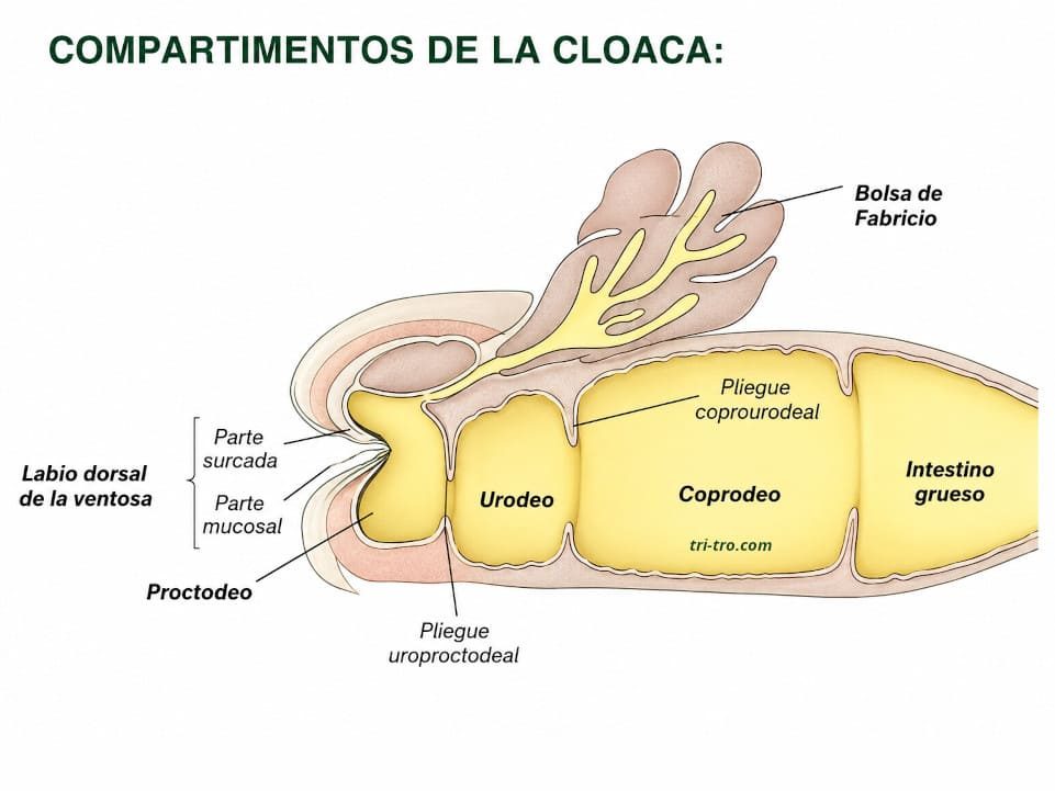 Compartimentos de la cloaca de una gallina.