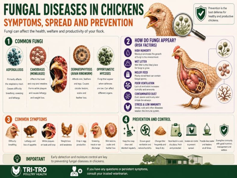 Infografía sobre hongos en gallinas con síntomas, contagio, factores de riesgo y prevención