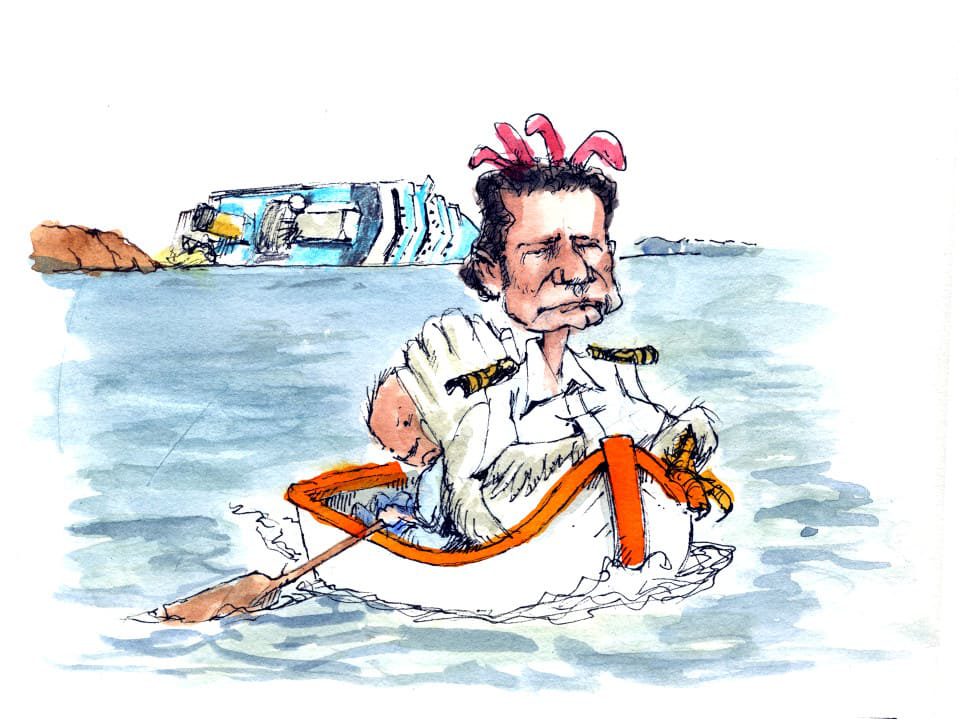 Ilustración; Kerrtoons, el capitán Schettino huye del naufragio del Concordia.