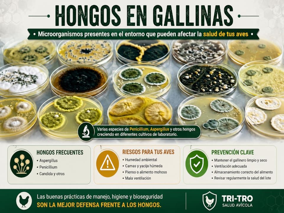 Banner informativo sobre hongos en gallinas con cultivos de laboratorio y consejos de prevención