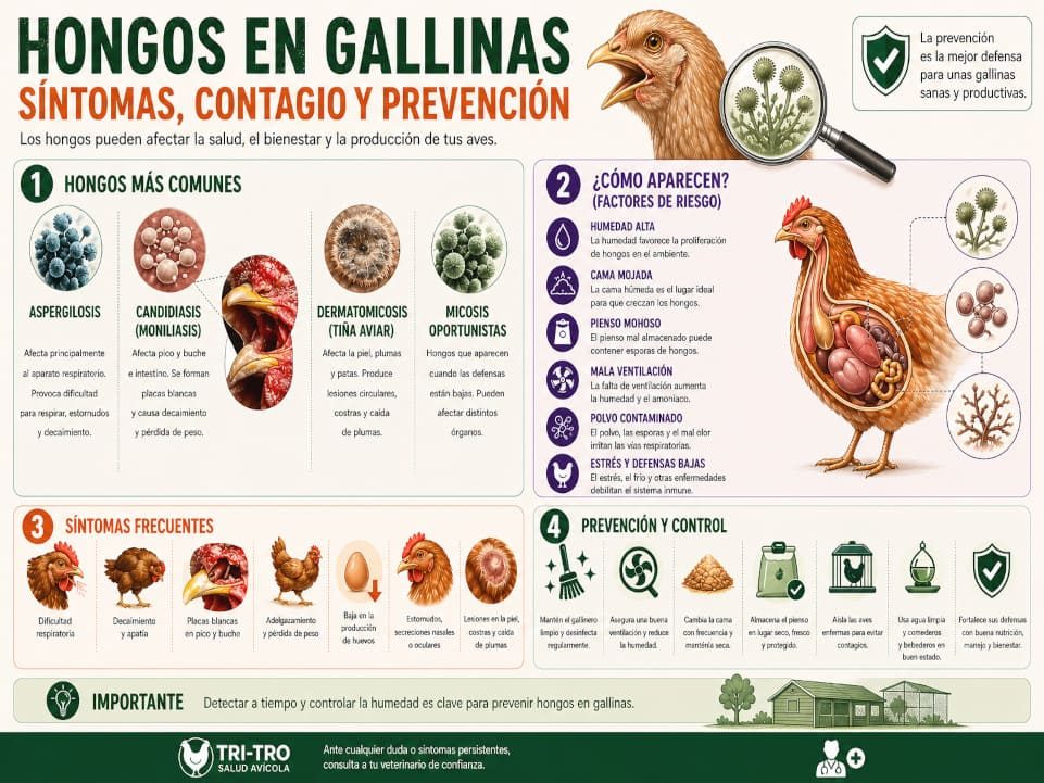 Infografía sobre hongos en gallinas con síntomas, contagio, factores de riesgo y prevención