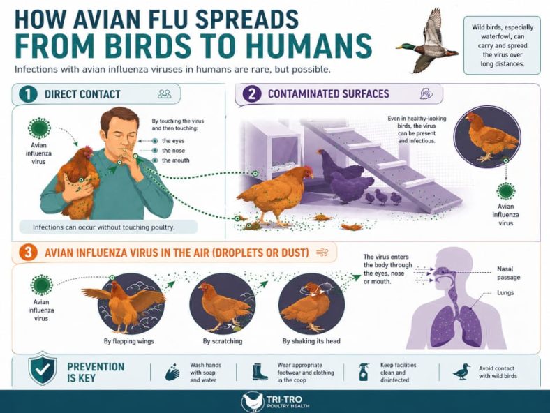Infographic showing transmission routes of avian viruses such as avian flu between birds and humans