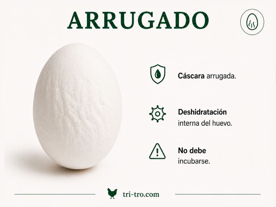 Huevo blanco arrugado con cáscara rugosa y signos de deshidratación.