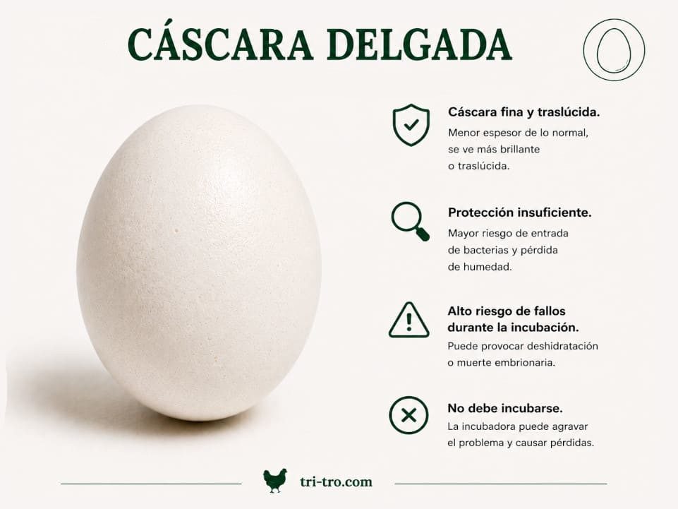 Huevo blanco con cáscara fina y frágil con grietas superficiales.