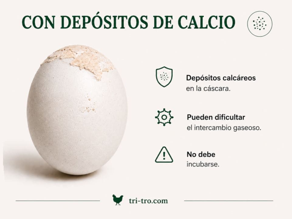 Huevo blanco con depósitos calcáreos y acumulaciones de calcio en la cáscara.