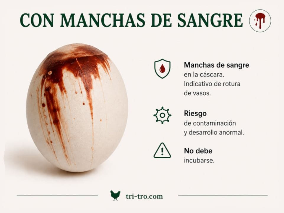 Huevo blanco con manchas oscuras de sangre en la cáscara.