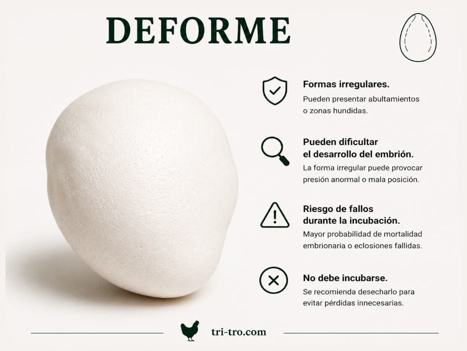 Huevo blanco deformado con forma irregular y superficie alterada.