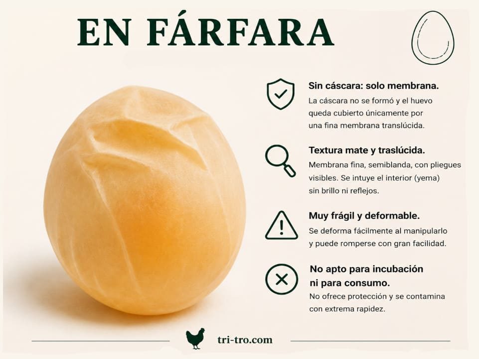 Huevo en fárfara sin cáscara dura, cubierto solo por membrana amarillenta translúcida.