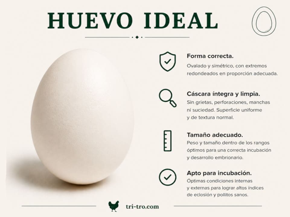 Huevo ideal para incubar de cáscara blanca, forma ovalada equilibrada y superficie limpia.