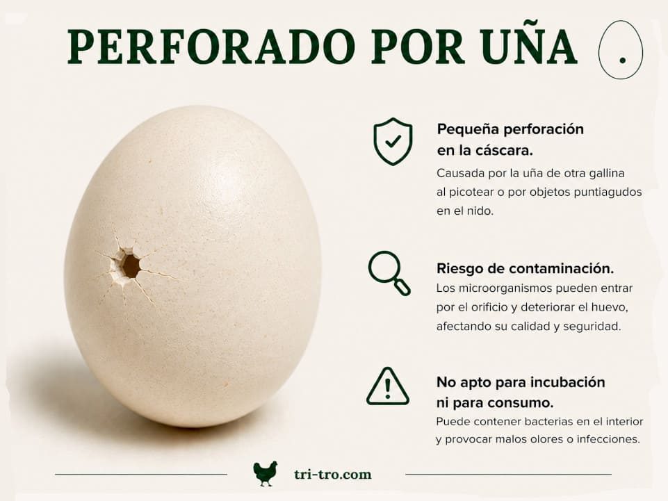 Huevo blanco perforado con agujero en la cáscara provocado por picotazo o uña.