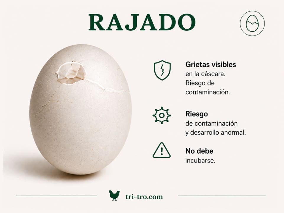 Huevo blanco con grietas visibles y cáscara rajada.