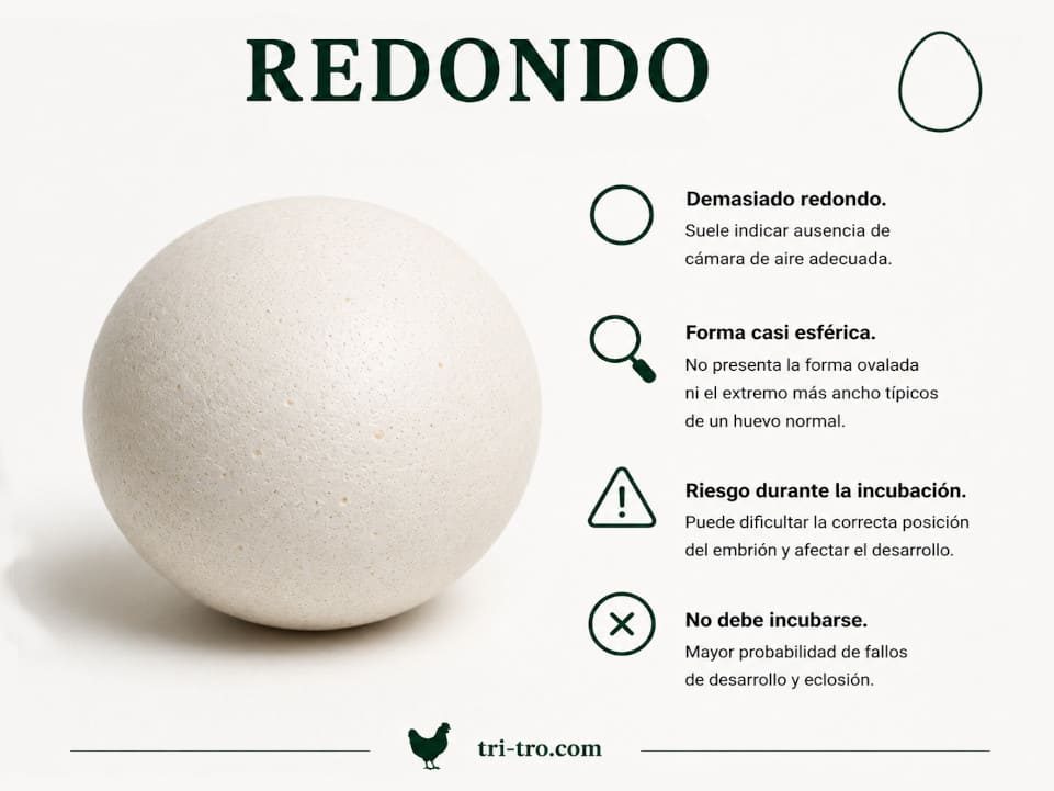 Huevo blanco demasiado redondo y poco apto para incubación.