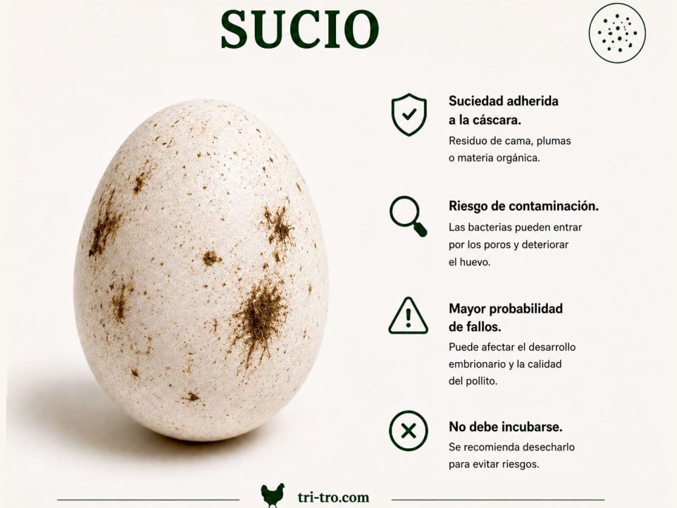Huevo blanco sucio con restos adheridos y manchas de suciedad en la cáscara.
