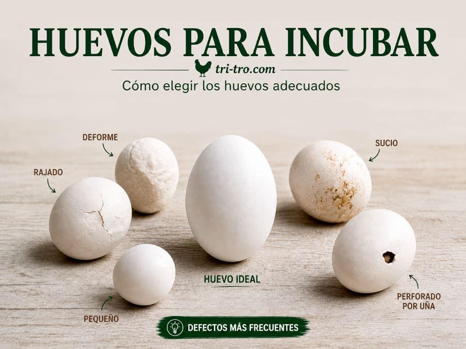 Infografía sobre cómo elegir huevos adecuados para incubar, comparando un huevo ideal con huevos defectuosos como rajados, sucios, deformes y perforados.