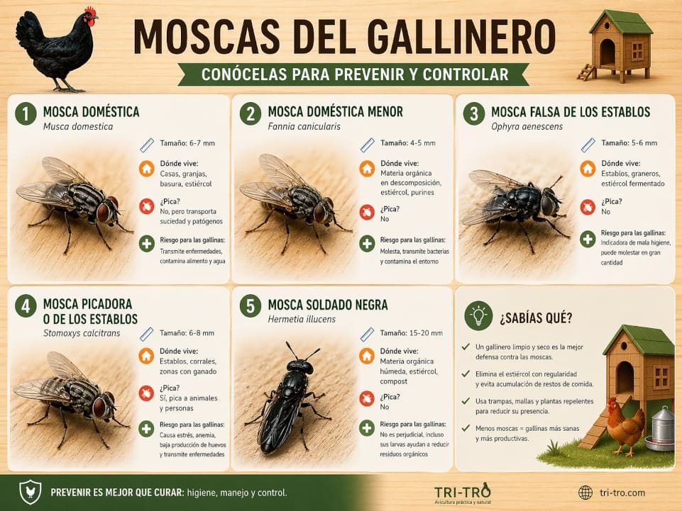 Guía visual de moscas del gallinero con mosca doméstica, mosca menor, mosca falsa de los establos, mosca picadora y mosca soldado negra para prevenir plagas en gallinas.