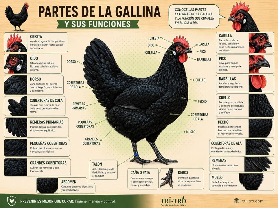 Partes de la gallina y sus funciones explicadas en imagen