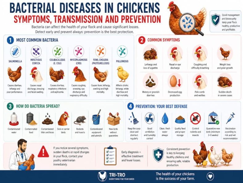 Infographic about bacterial diseases in chickens showing symptoms, transmission and prevention in the coop