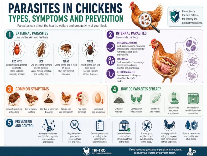 Chicken parasites infographic with red mite, lice, worms, symptoms and prevention