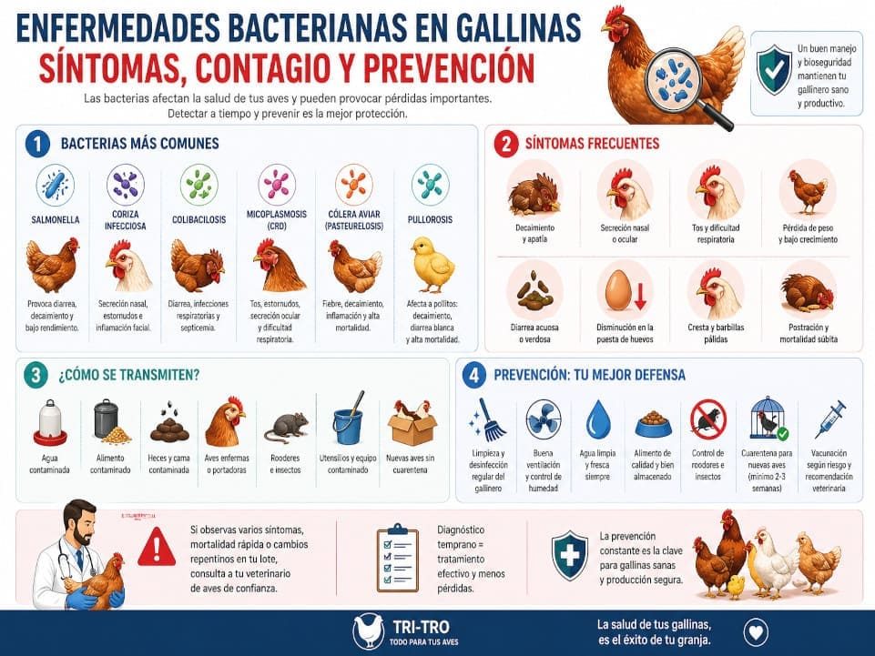 Infografía sobre enfermedades bacterianas en gallinas con síntomas, contagio y prevención en el gallinero