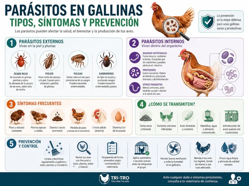 Parásitos en gallinas: infografía con ácaro rojo, piojos, gusanos intestinales, síntomas y prevención