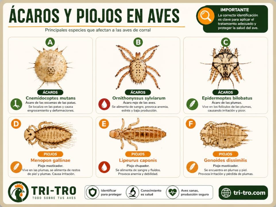 Infografía de ácaros y piojos en gallinas con especies comunes y síntomas